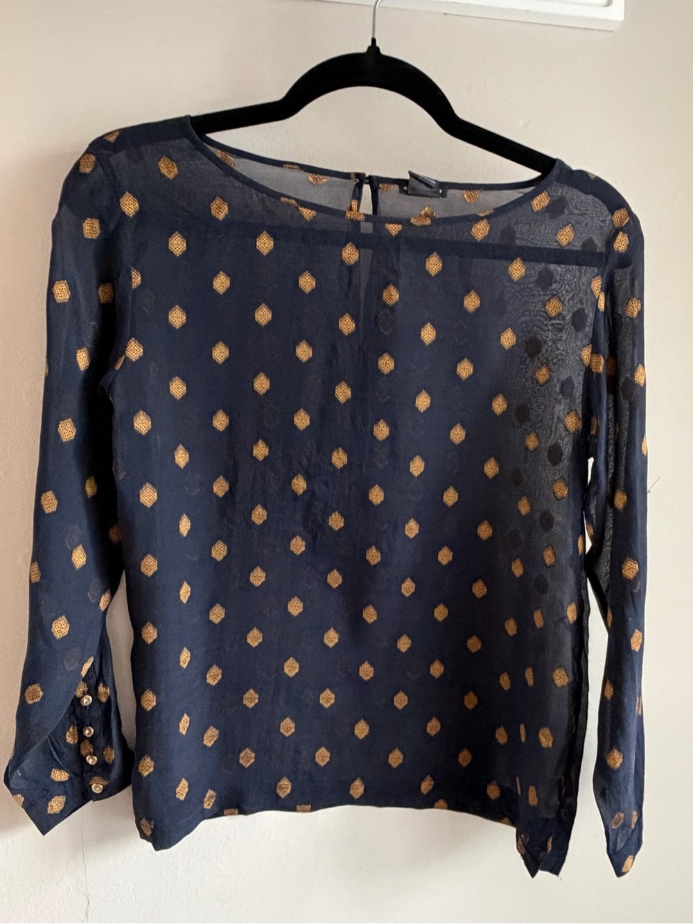 Club Monaco Navy Sheer Blouse with Gold Dot Motif